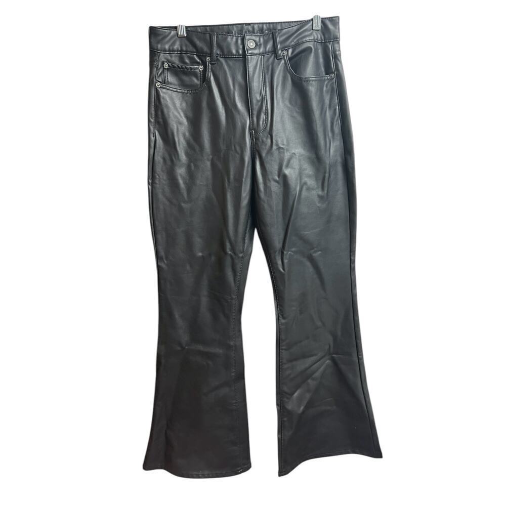 American Eagle Stretch Super High Rise Black Faux Leather Flare Pants Size 12